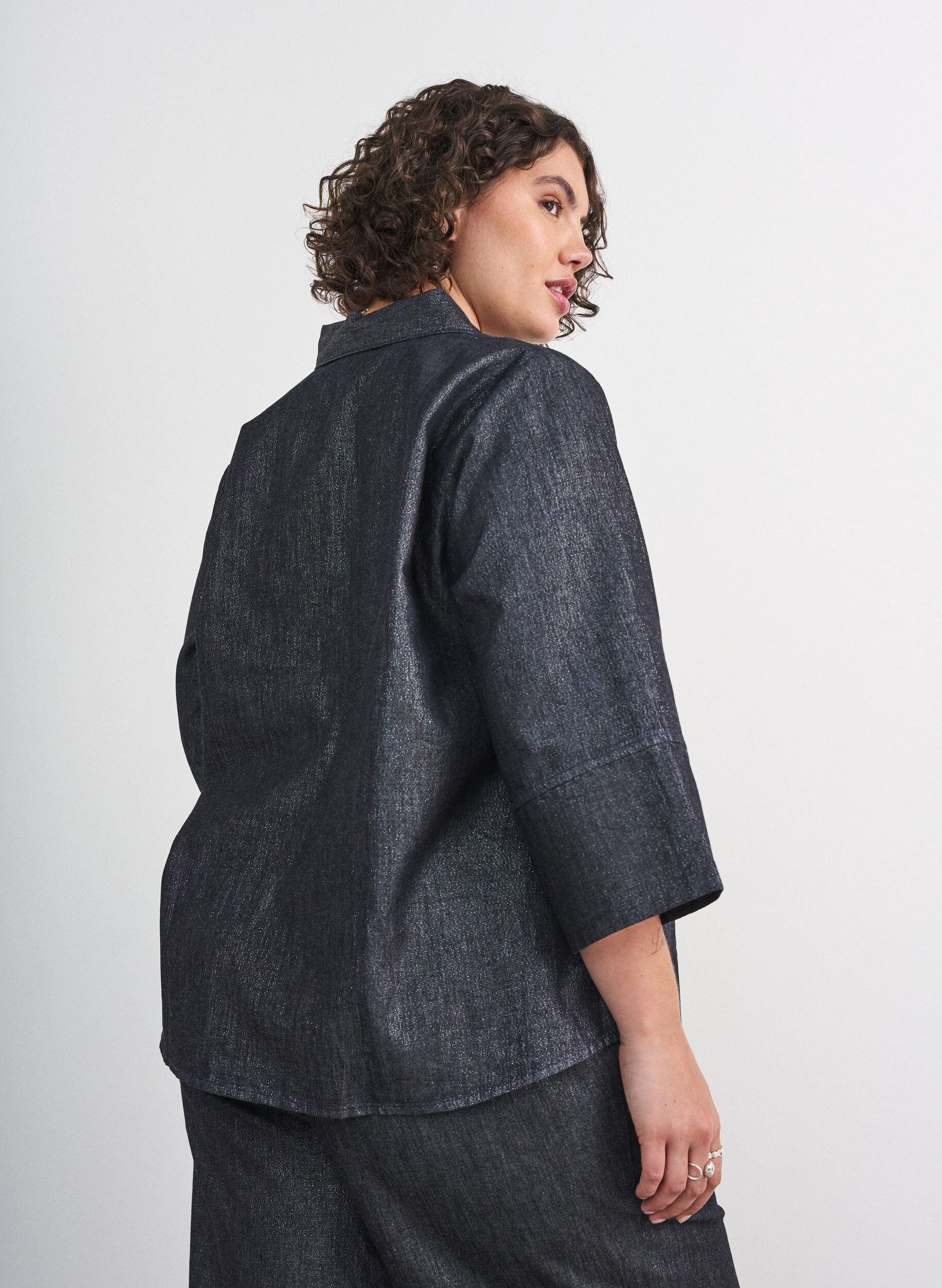 ZizzifashionDenim shirt with glitter thread and 3/4 sleeves, Dark Grey, Model image number 2