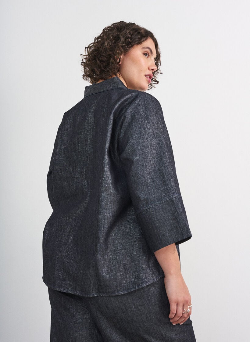 Denim shirt with glitter thread and 3/4 sleeves, Dark Grey, Model image number 2