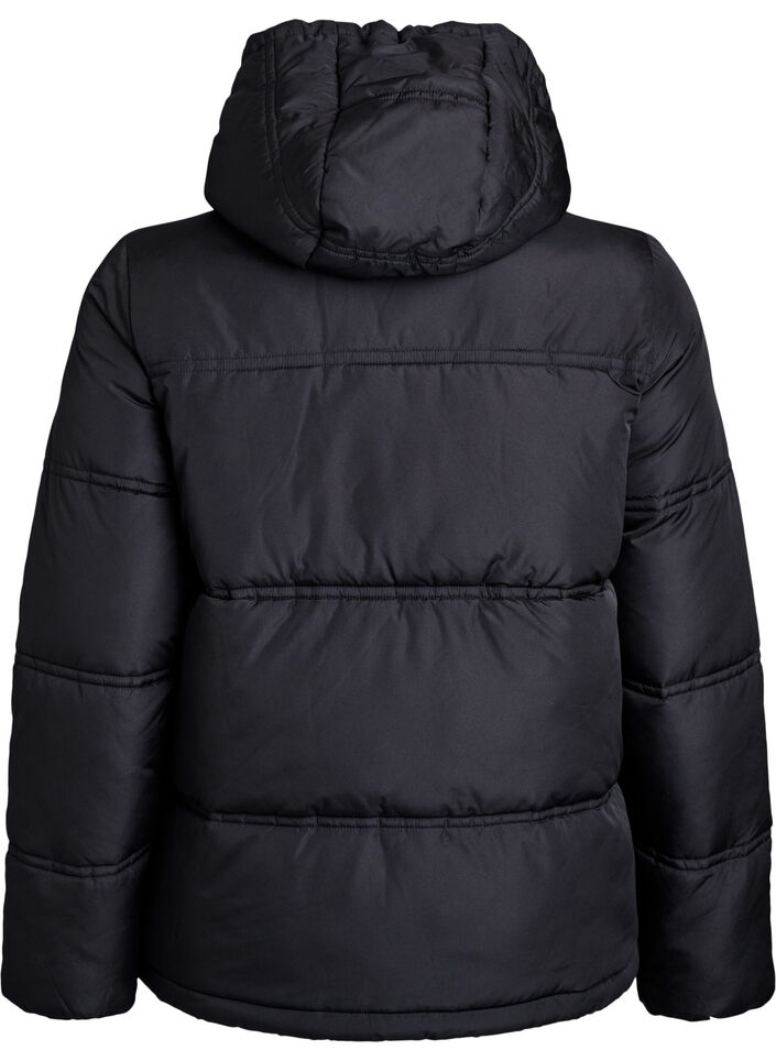 Short puffer jacket with a hood and two-way zipper, Black, Packshot image number 1