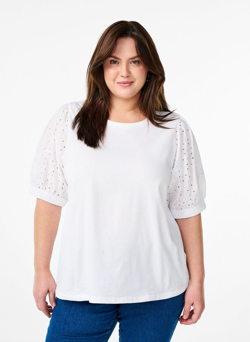 T-shirt with broderie anglaise sleeves, White, Model image number 0