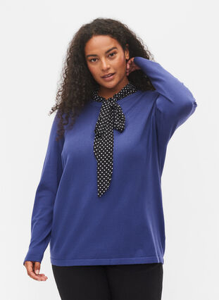 	 Knitted viscose top with long sleeves, Deep Cobalt Solid, Model image number 0