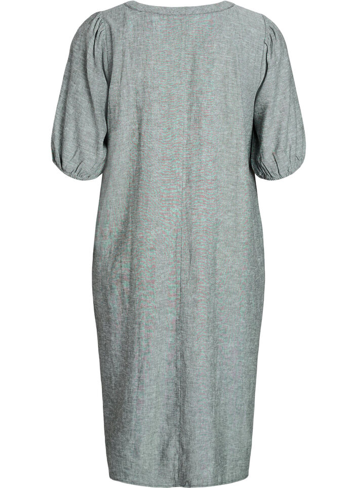 Midi dress in linen and viscose with short sleeves, Green, Packshot image number 1