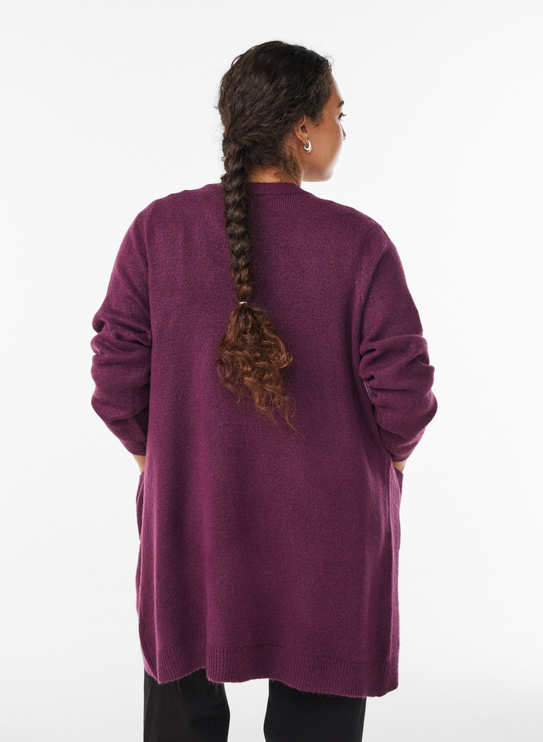Zizzifashion Long knitwear cardigan with pockets, Purple, Model image number 2