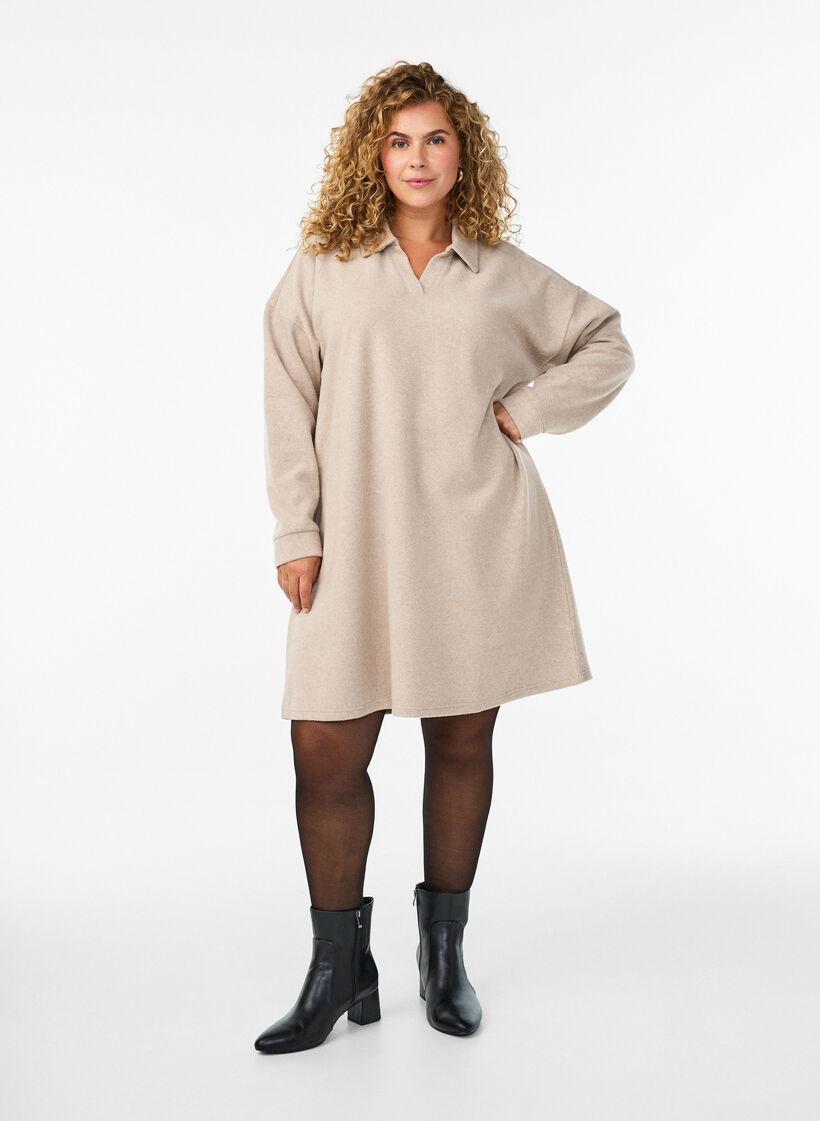 Knee-length jersey dress with a V-neck and collar, Beige, Model image number 0