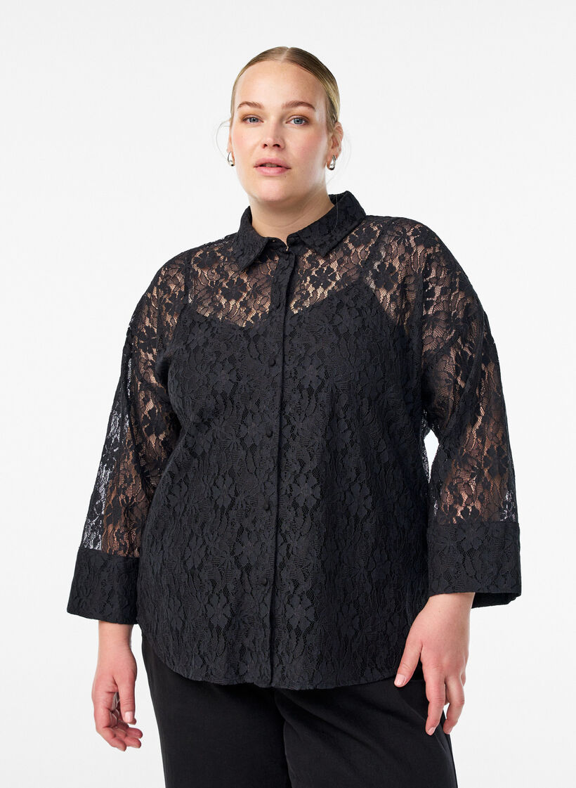 Lace shirt with 3/4 sleeves, Black, Model image number 0