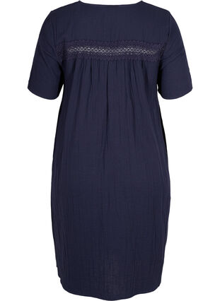 Short-sleeved cotton dress with lace details, Night Sky, Packshot image number 1