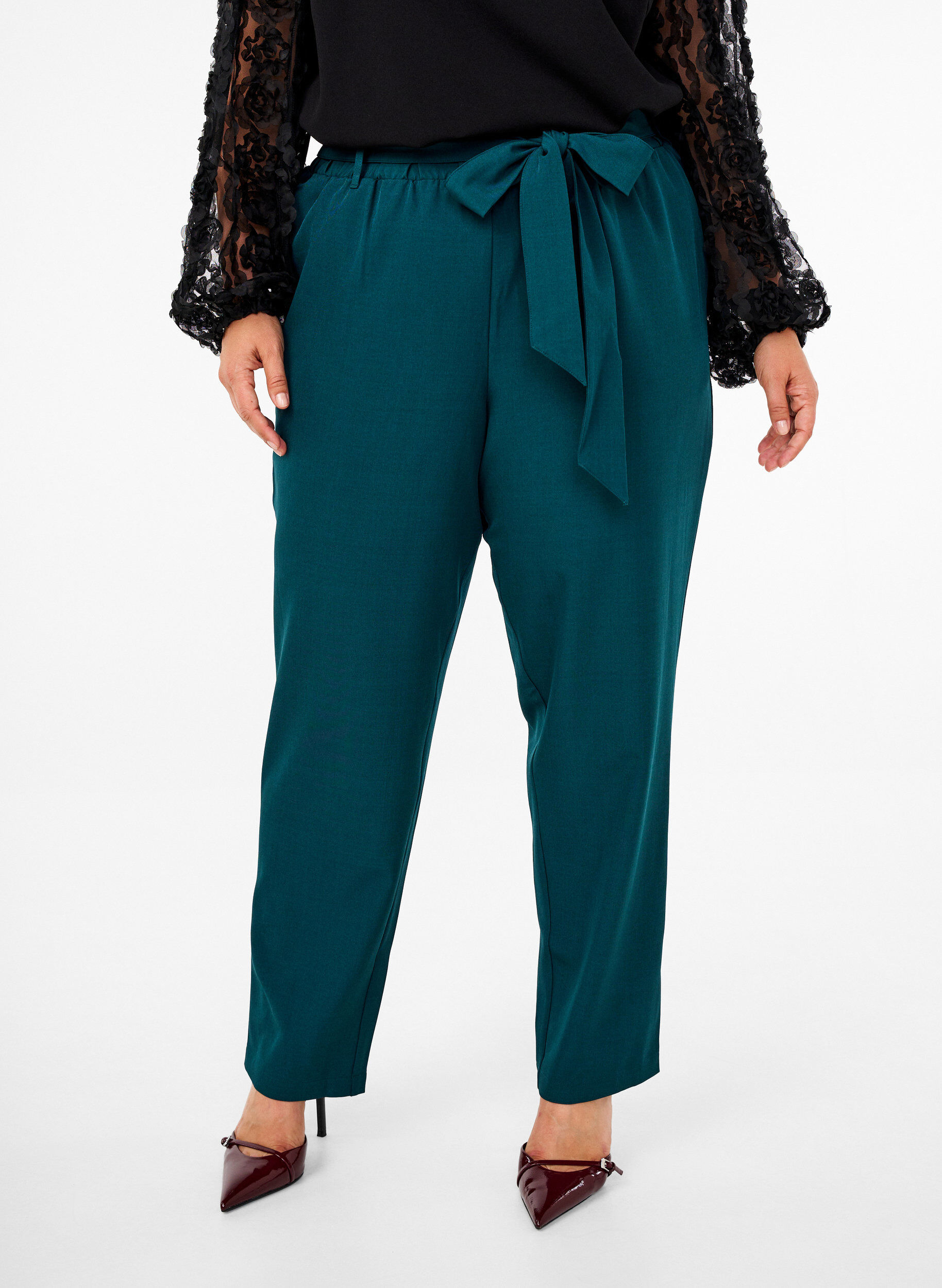 Zizzifashion High-waisted trousers with ruffles and a tie belt, Sea Moss Melange, Model image number 2