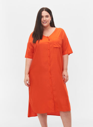 Short-sleeved viscose shirt dress, Mandarin Red, Model image number 0