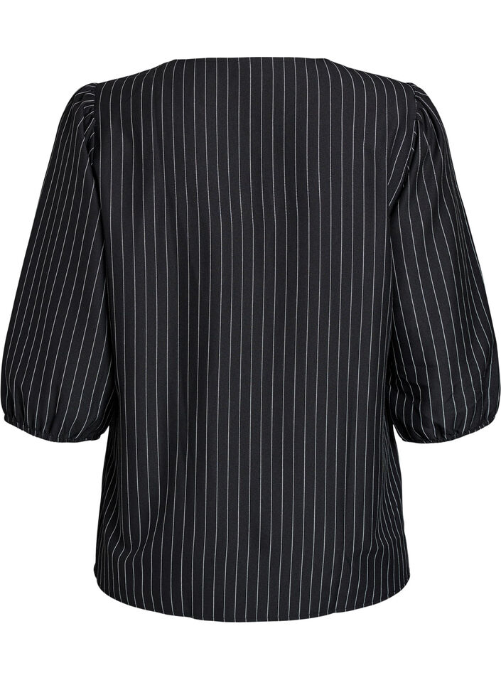 Blouse with pinstripes and tie strings, Black, Packshot image number 1