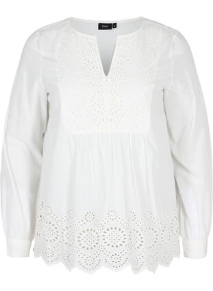 Long-sleeved cotton blouse with embroidery anglaise, Bright White, Packshot image number 0