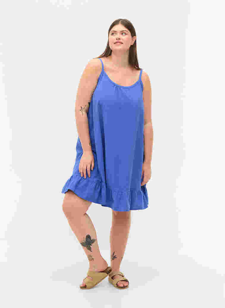 Cotton dress with thin straps and an A-line cut, Dazzling Blue, Model image number 2