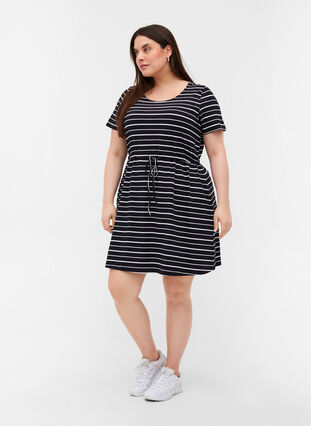 Short-sleeved cotton tunic with stripes, Black/White Stripe , Model image number 2