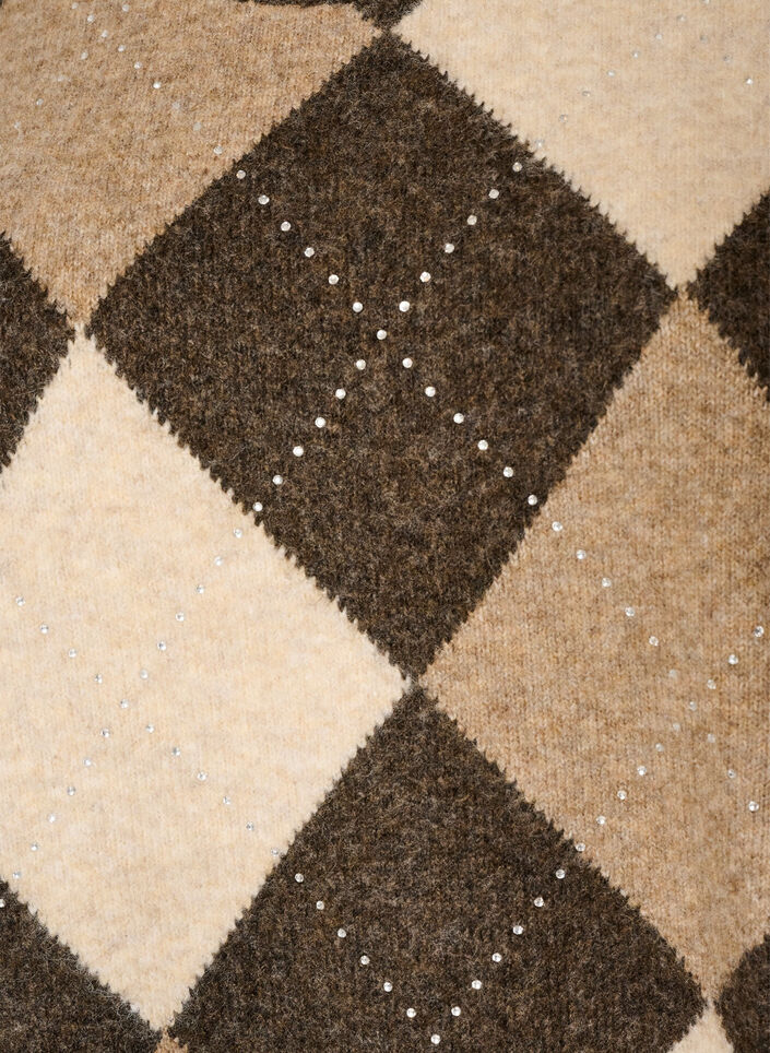 Knitted top with argyle pattern and rhinestones, Brown, Packshot image number 2