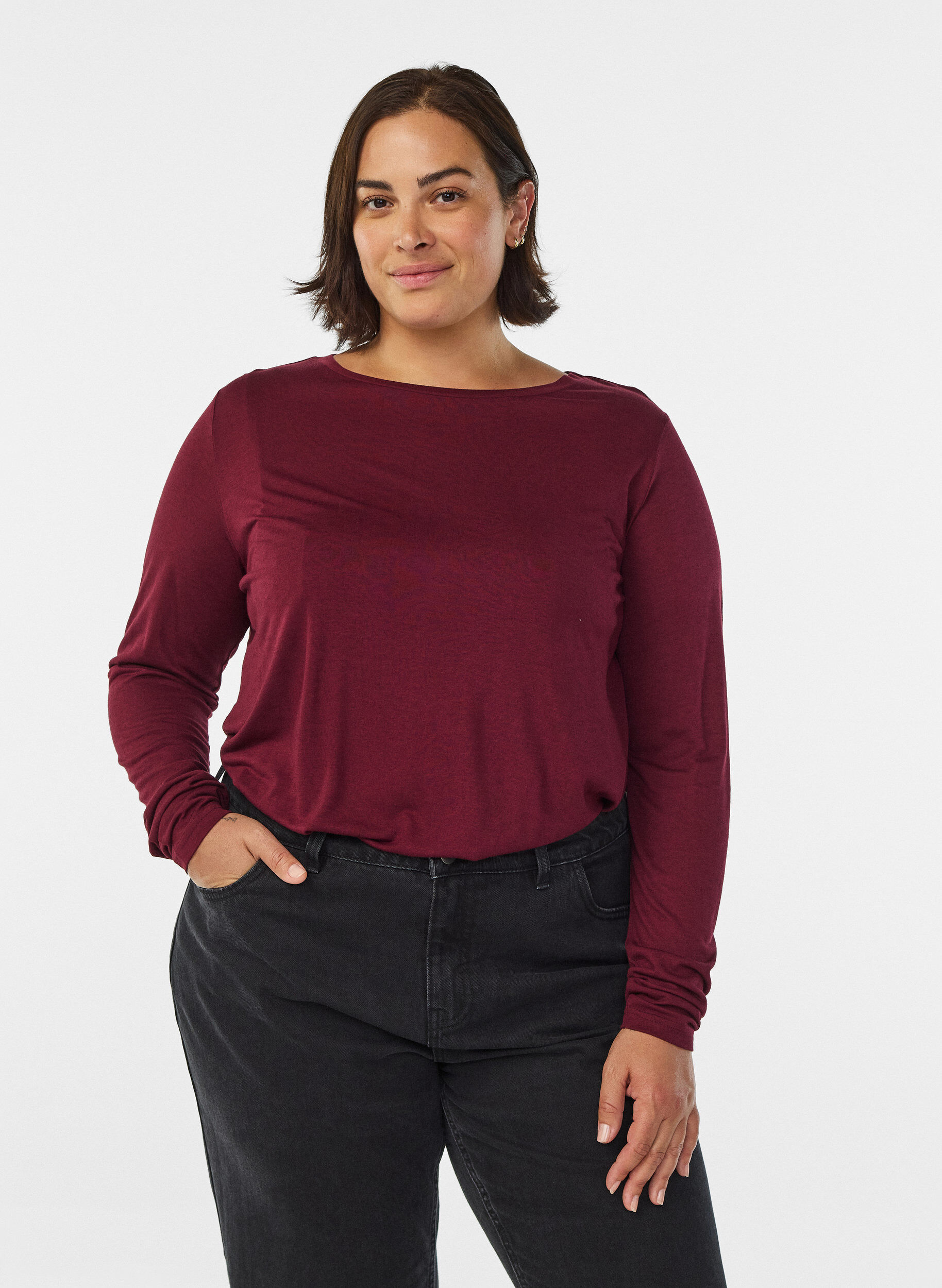 ZizzifashionLong-sleeved blouse in wool and viscose, Dark Bordeaux, Model image number 0