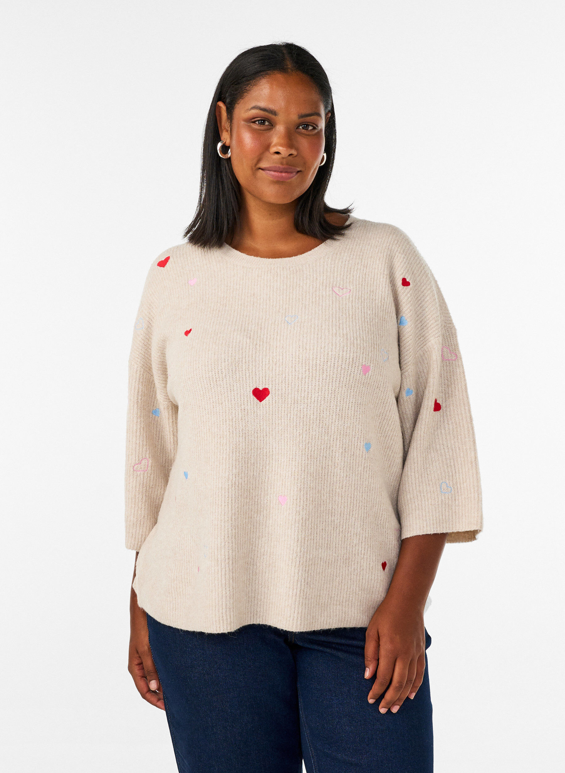 Knitted blouse with hearts and 3/4 sleeves, Beige, Model