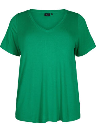 Ribbed viscose T-shirt with v-neck, Jolly Green, Packshot image number 0