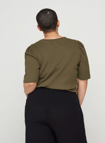 Rib t-shirt with short puff sleeves, Ivy Green, Model image number 1