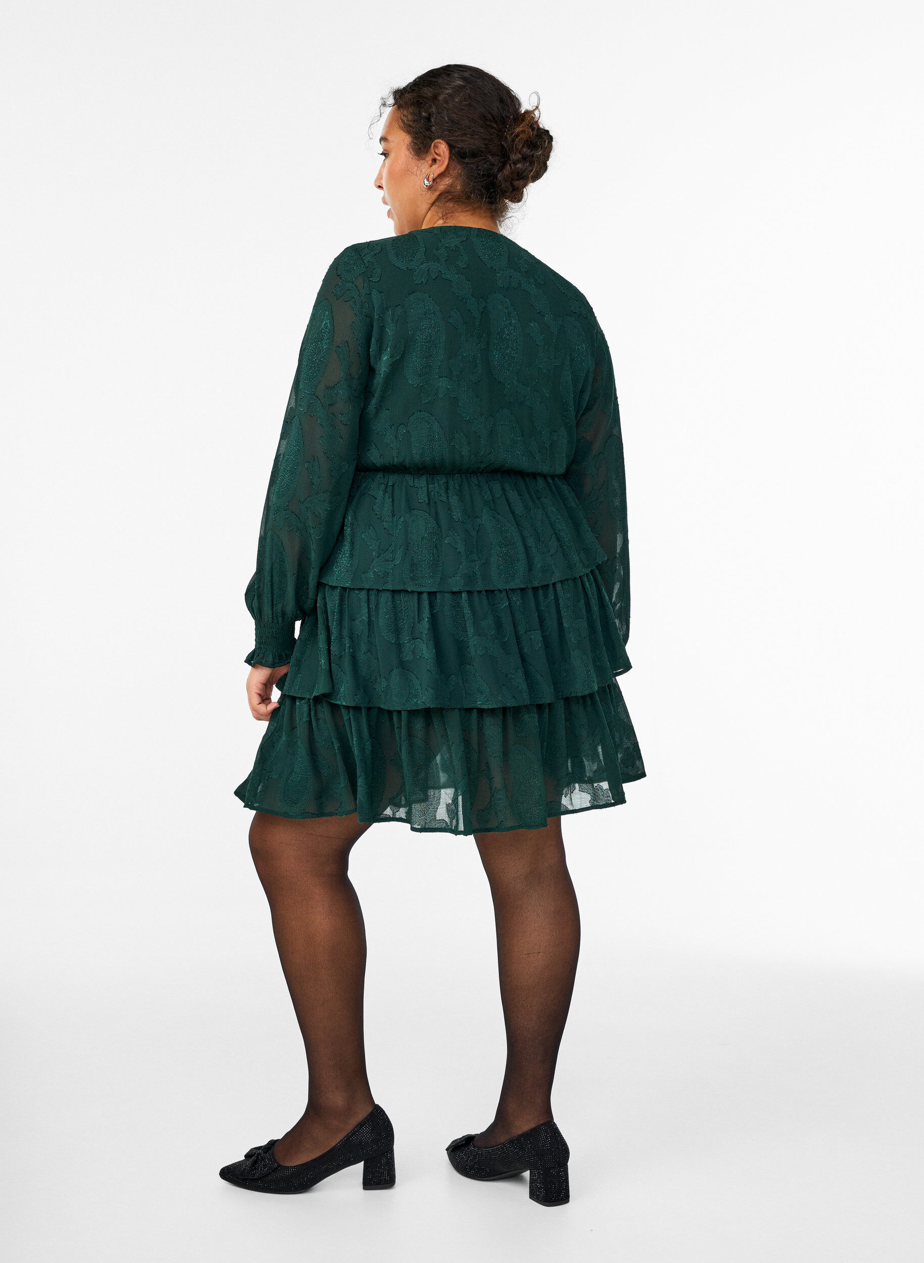 ZizzifashionShort dress with ruffles and a textured pattern, Green, Model image number 2