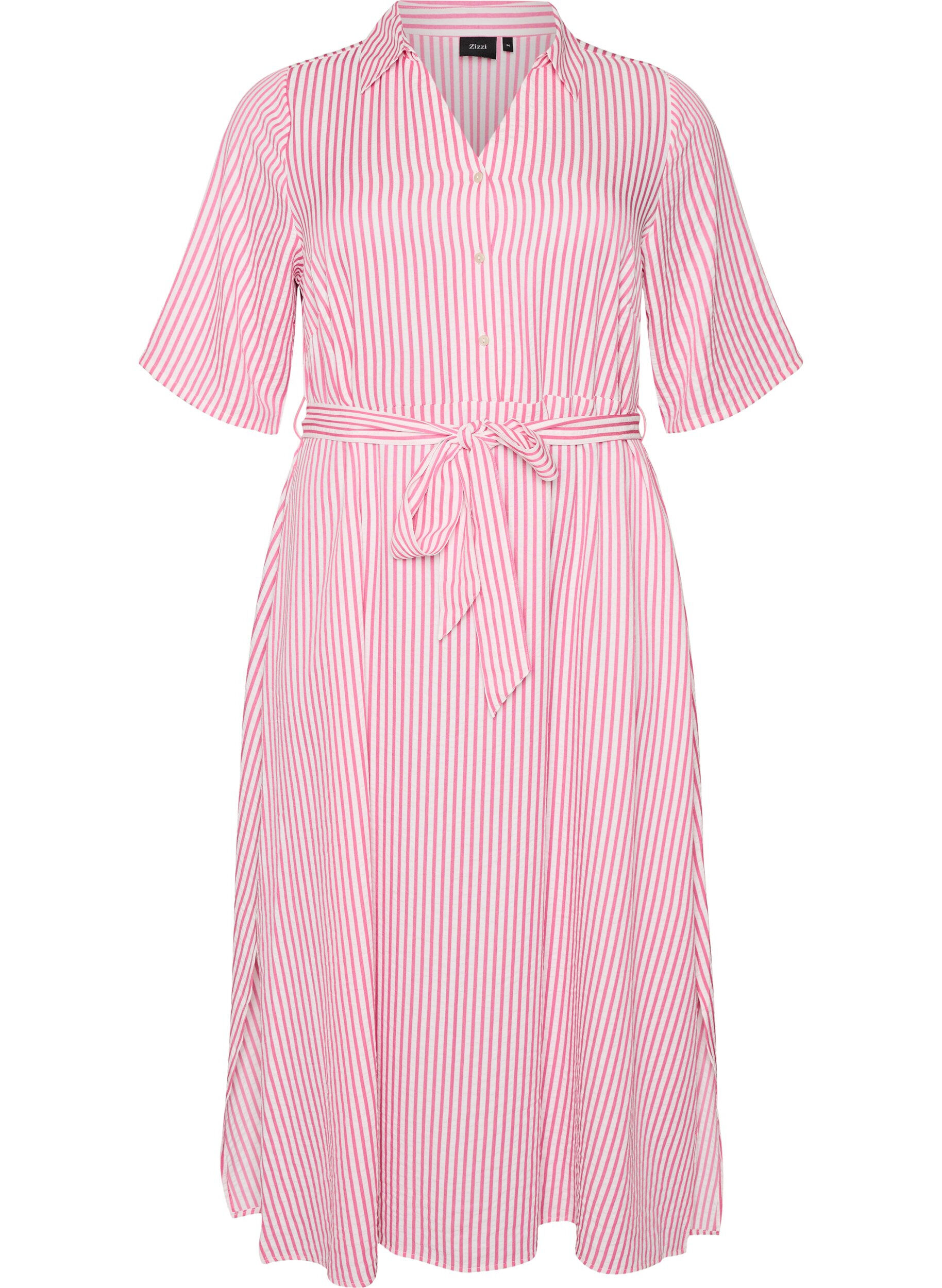 ZizzifashionAnkle-length shirt dress with tie belt and stripes, Pink, Packshot image number 0
