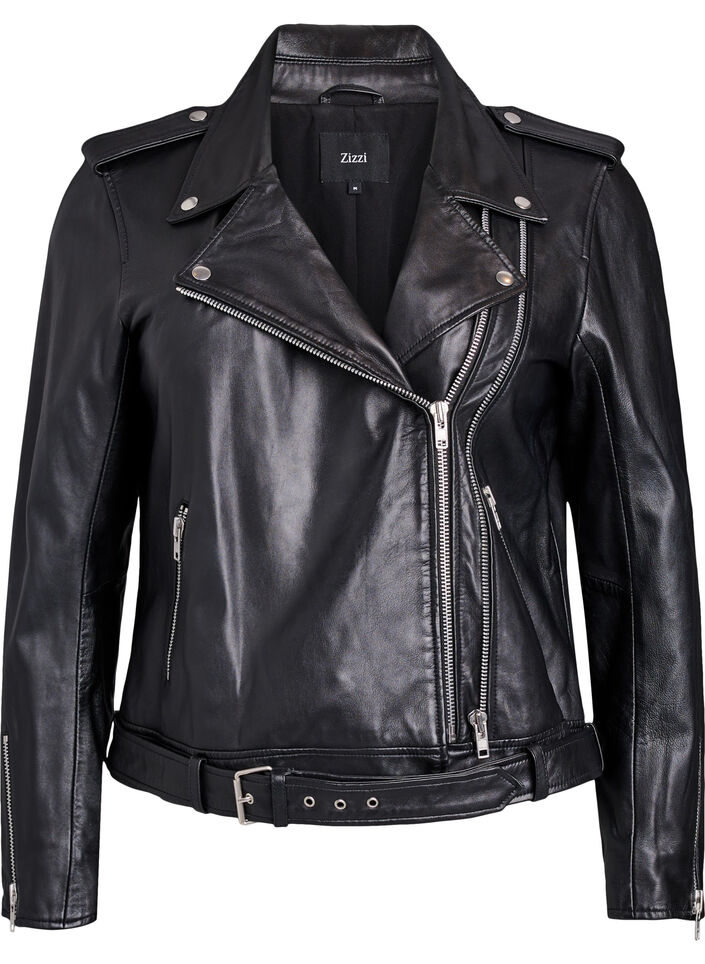 Leather biker jacket with belt, Black, Packshot image number 0