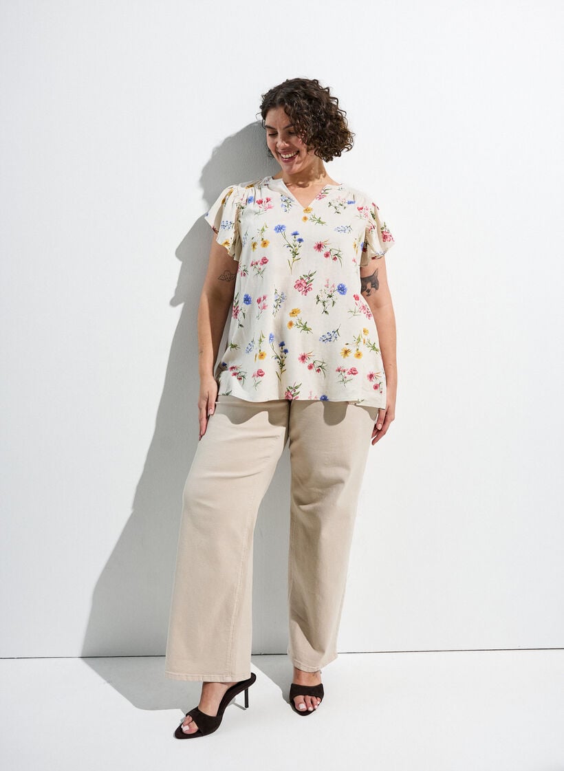Viscose and linen blouse with ruffle sleeves, Beige, Image image number 0
