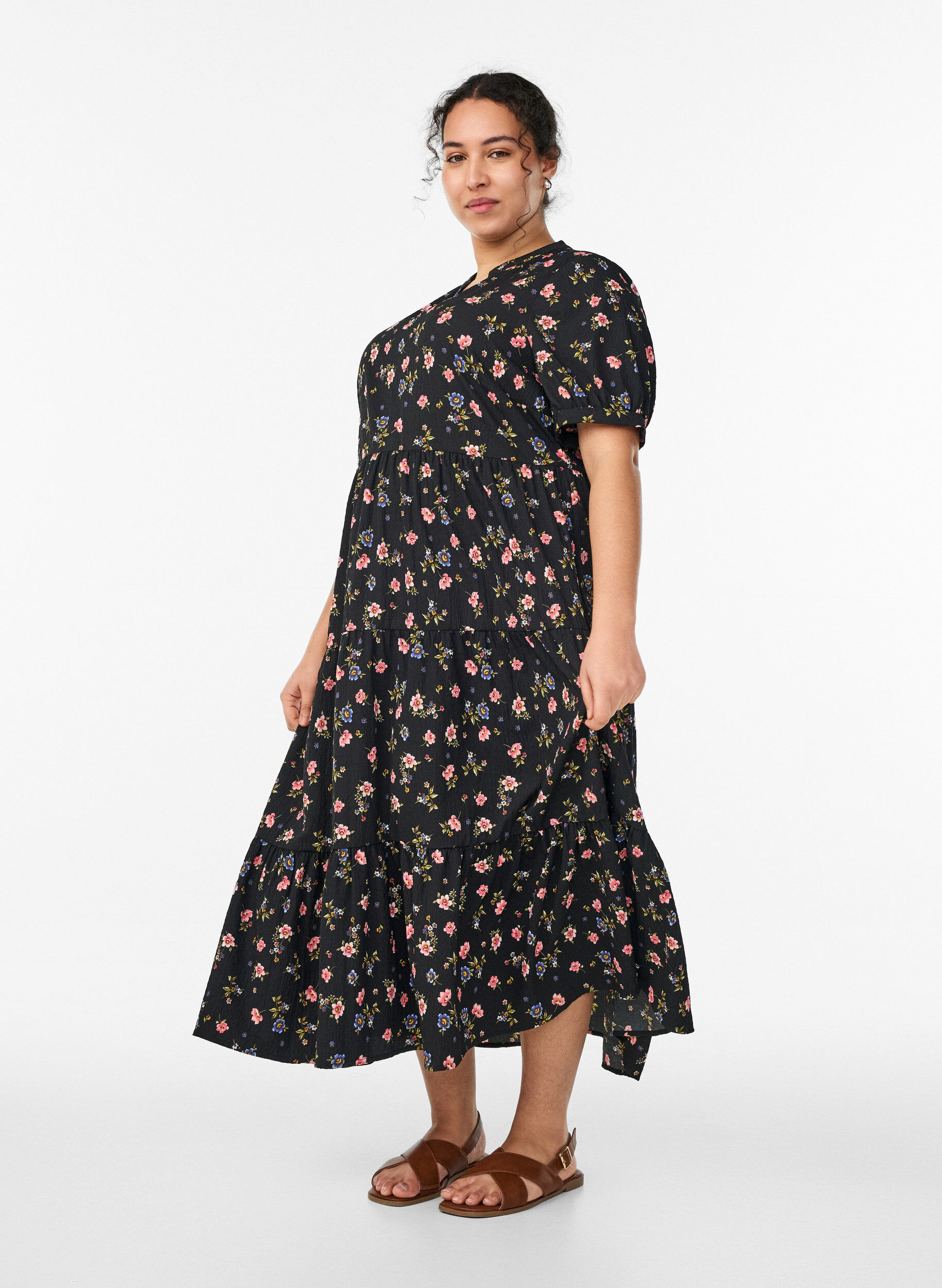 ZizzifashionAnkle-length dress with short sleeves and tiered ruffles, Black, Model image number 0