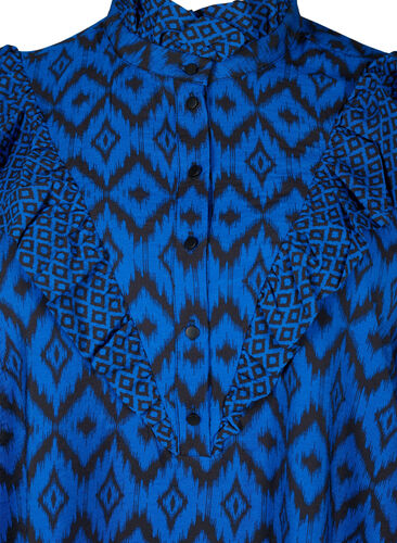 Shirt blouse in viscose with frilled details, True blue w. Black, Packshot image number 2