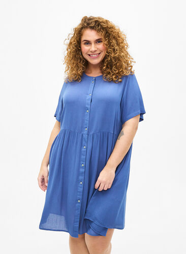 A-line viscose dress with short sleeves, Moonlight Blue, Model image number 0