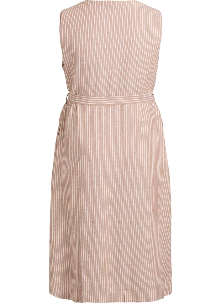 Sleeveless striped midi dress in linen and viscose, Beige, Packshot image number 1