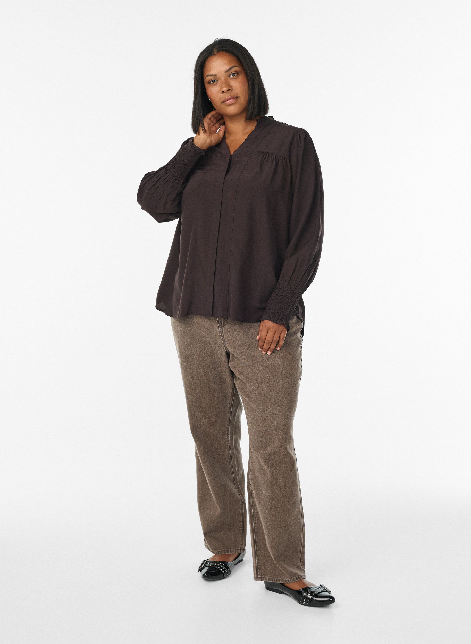 Zizzifashion Blouse with ruffle collar and ruching, Brown, Model image number 1