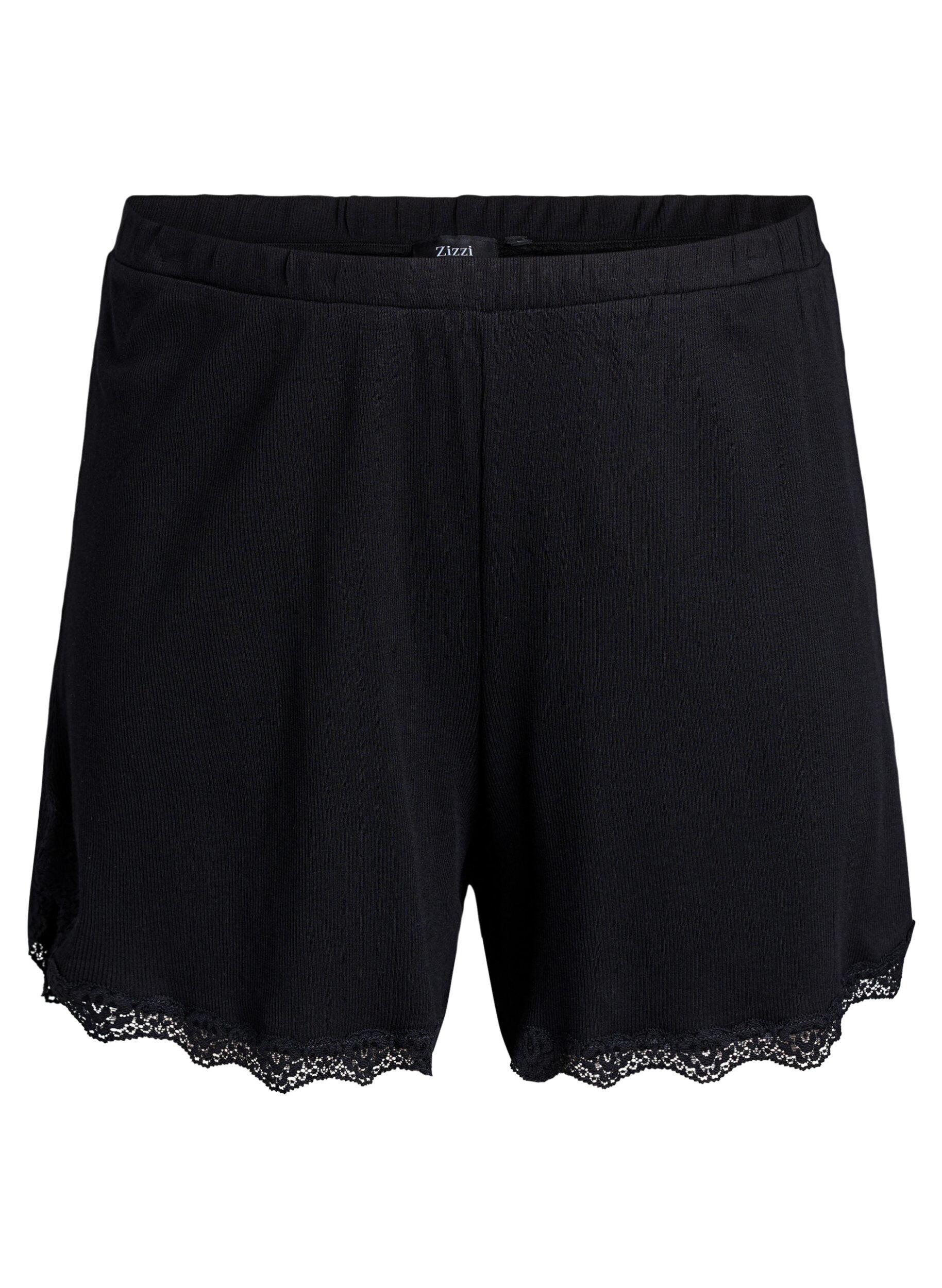 ZizzifashionLoose night shorts with ribbed texture and lace trim, Black, Packshot image number 0