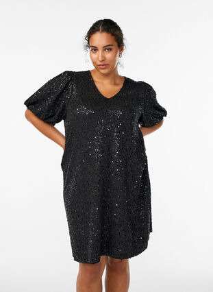 Short sequin dress with puff sleeves - Black - Sz. 40-64 - Zizzifashion Short sequin dress with puff sleeves - Black - Sz. 40-64 - Zizzifashion