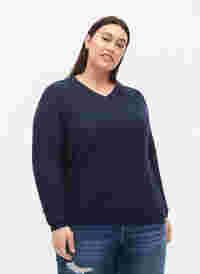Patterned knitted top with v-neckline, Navy Blazer, Model