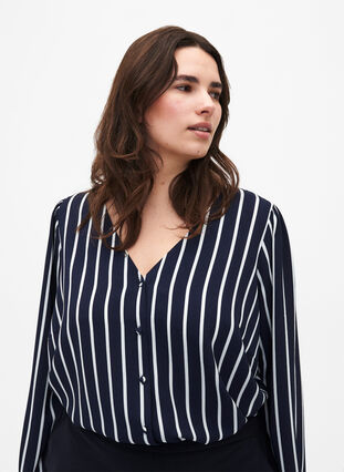 Shirt blouse with v-neck and print, Maritime Blue Stripe, Model image number 0
