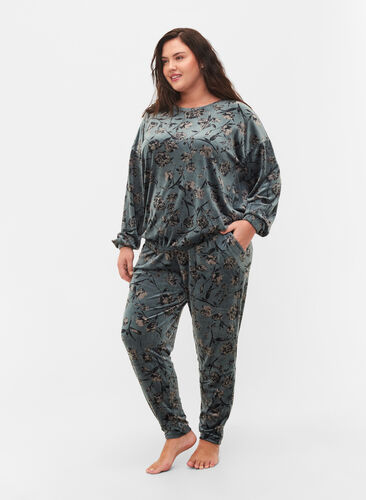 Floral print velour trousers with pockets, Green Gables, Model image number 0