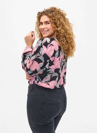 Shirt blouse with v-neck and print, Black Pale Mauve Fl., Model image number 1