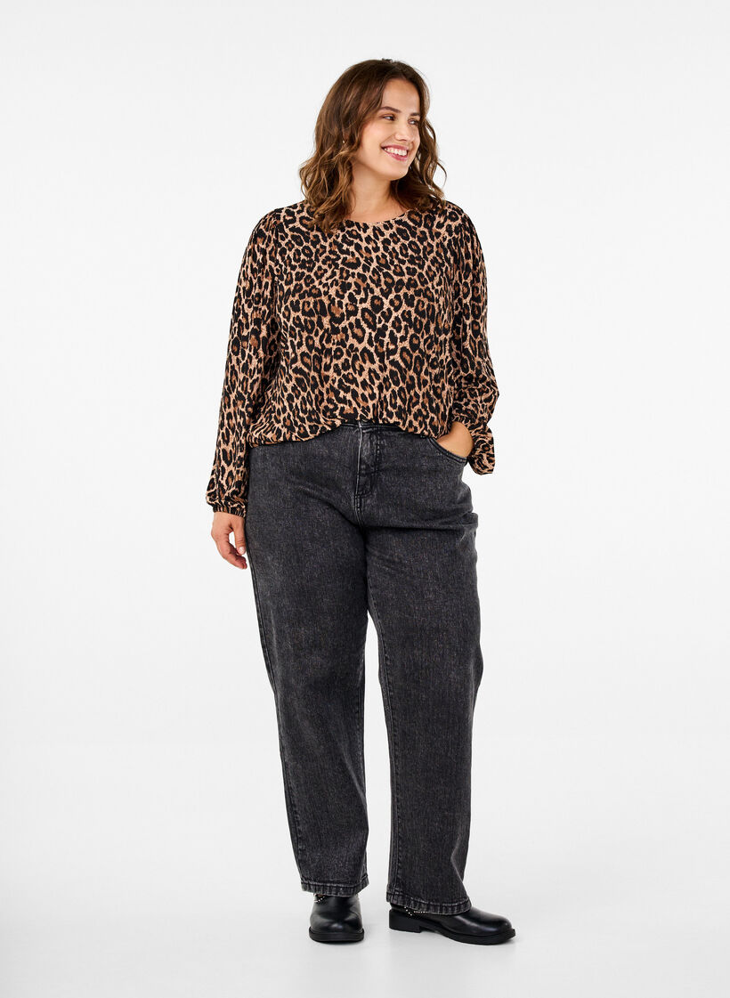 Blouse with long sleeves and leopard print, Brown, Model image number 1
