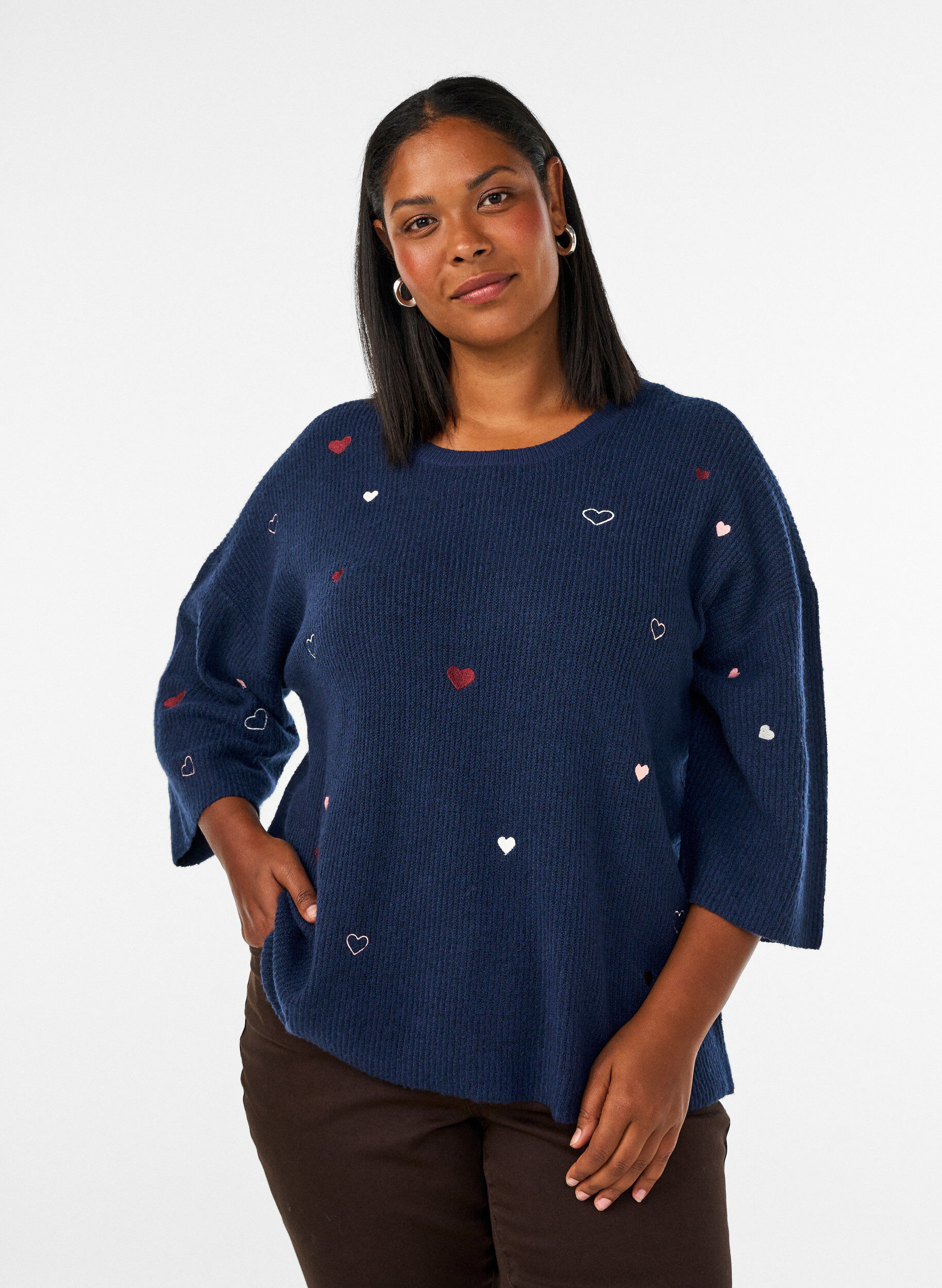 ZizzifashionJumper with hearts and 3/4 sleeves, Blue, Model image number 0
