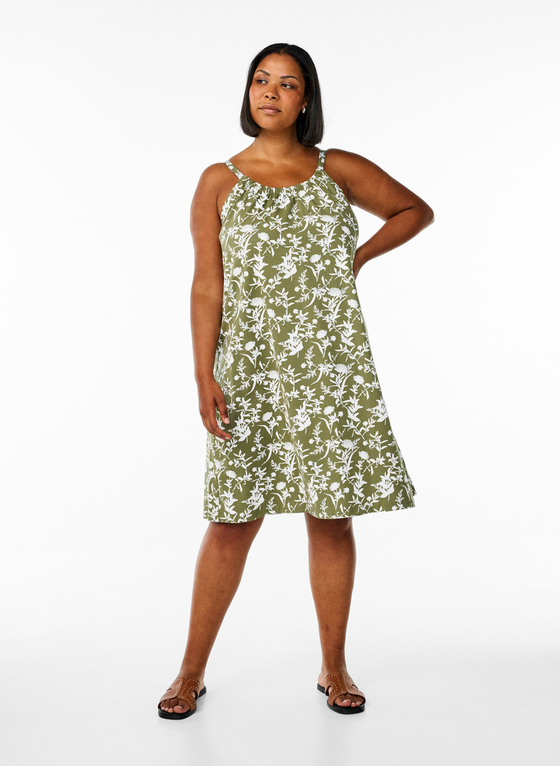 Zizzifashion Knee-length strap dress in organic cotton, Green, Model image number 1