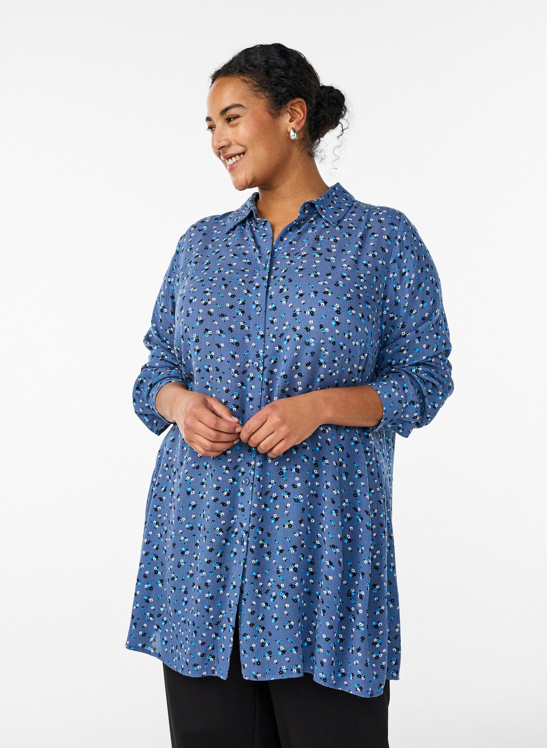 Zizzifashion Long shirt with floral print, Blue, Model image number 0