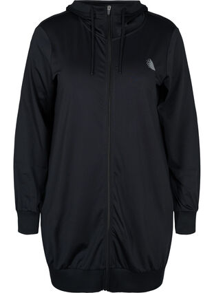 Long hooded sports cardigan with pockets, Black, Packshot image number 0