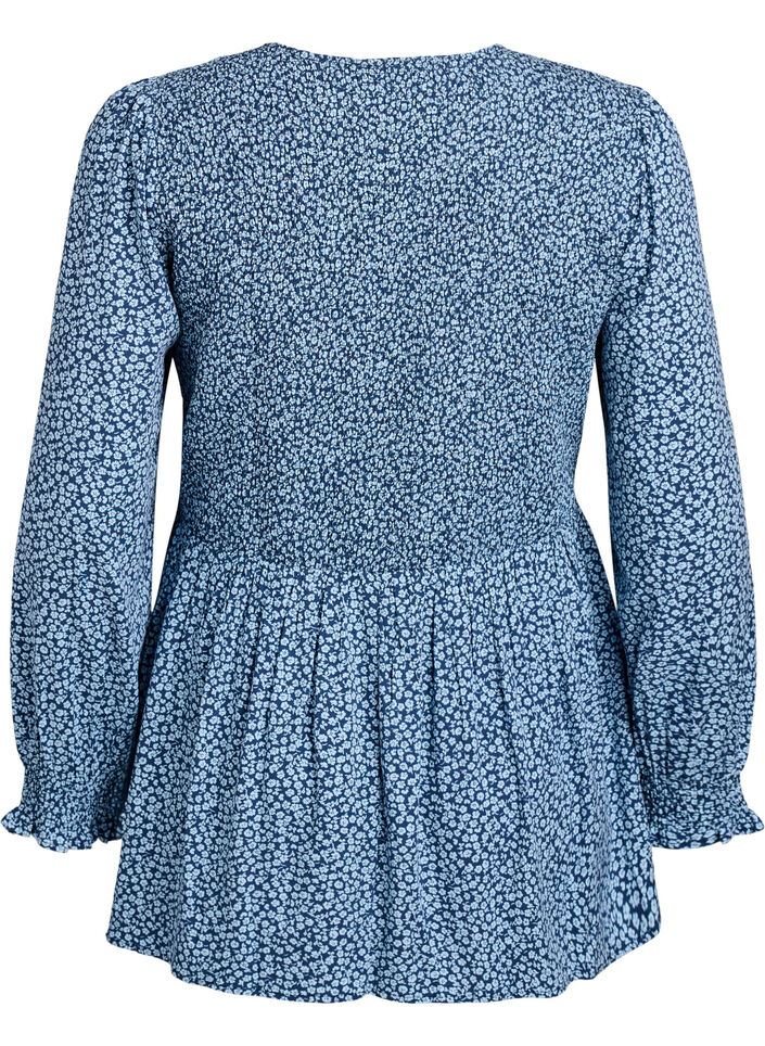 Blouse with smocked top and floral print, Blue, Packshot image number 1
