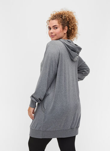 Long hooded sports cardigan with pockets, Grey Melange, Model image number 0
