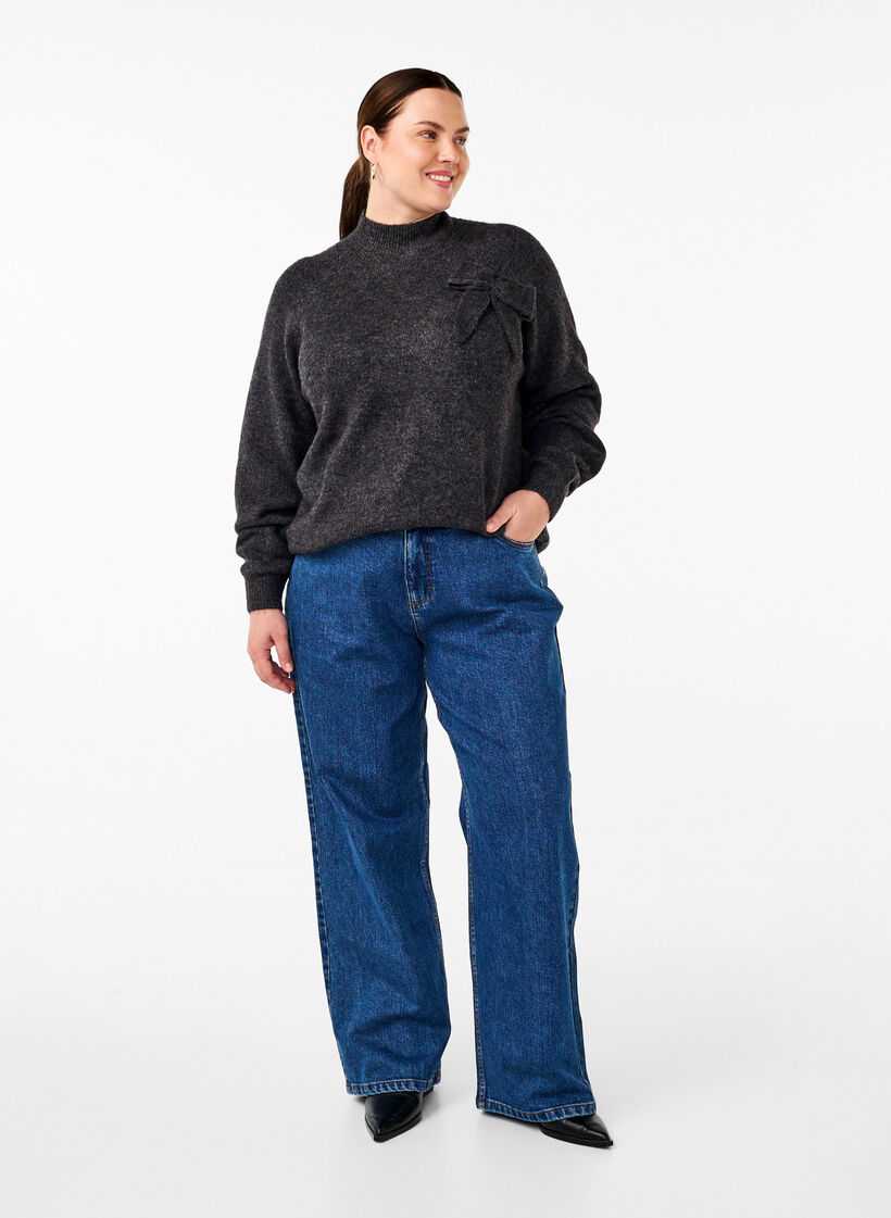 Knitted blouse with bow detail, Dark Grey White Mel., Model image number 2