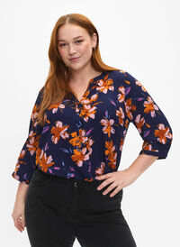 Floral blouse with 3/4 sleeves, Peacoat Flower AOP, Model