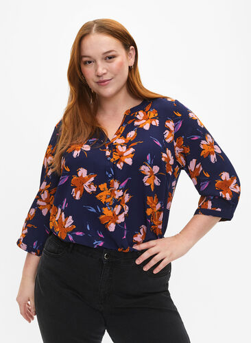 Floral blouse with 3/4 sleeves, Peacoat Flower AOP, Model image number 0
