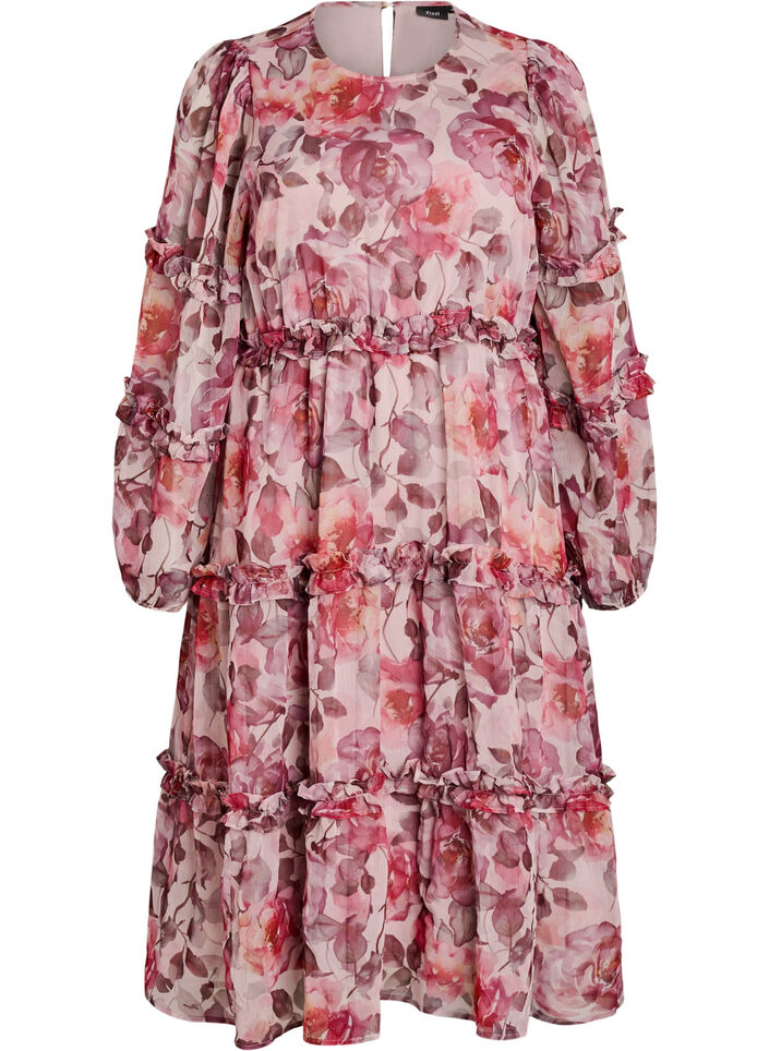 Floral midi dress with ruffle details and sheer sleeves, Rose, Packshot image number 0