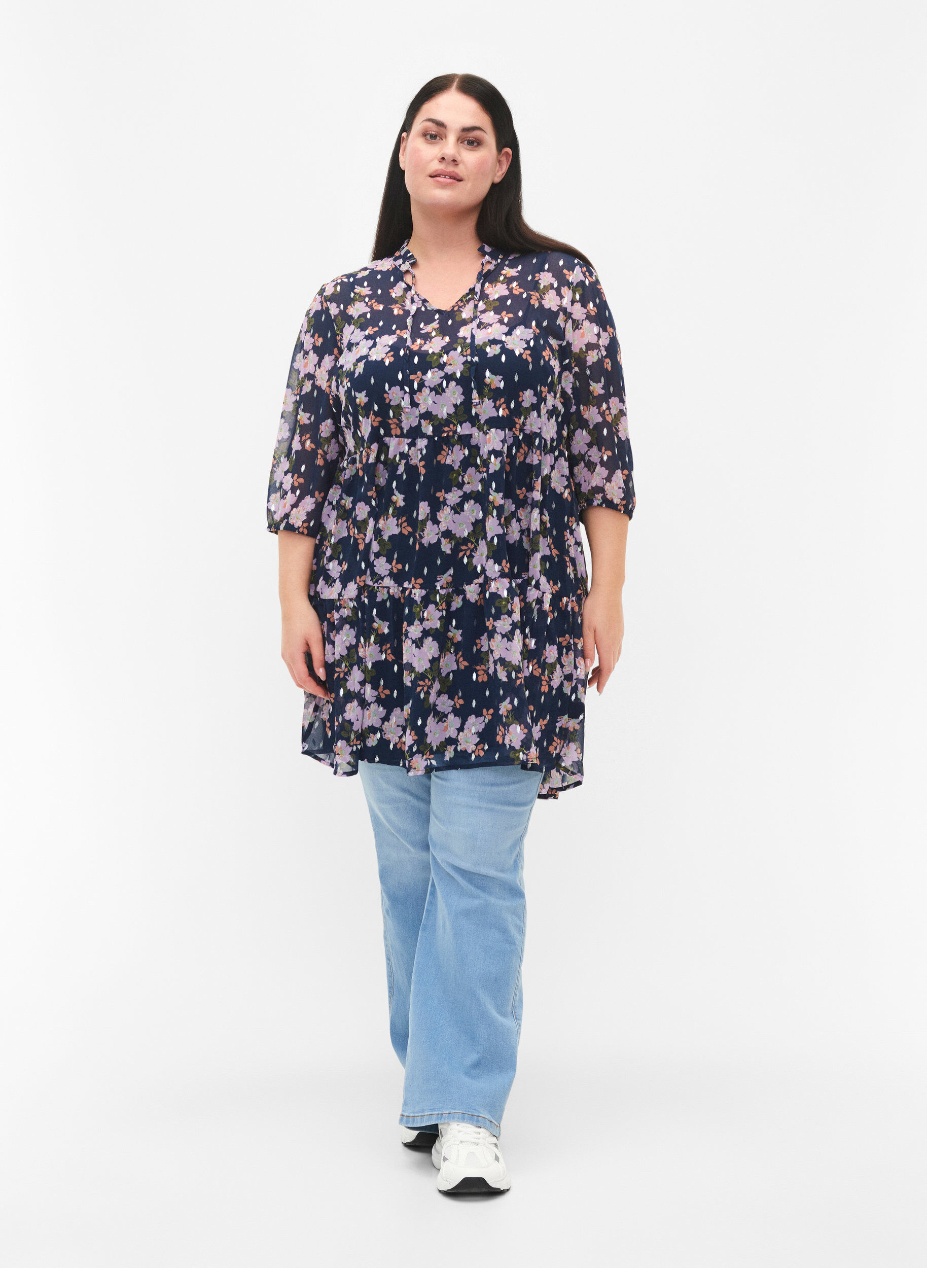 Zizzifashion Tunic with floral print and lurex, Blue Small Fl. AOP, Model image number 2