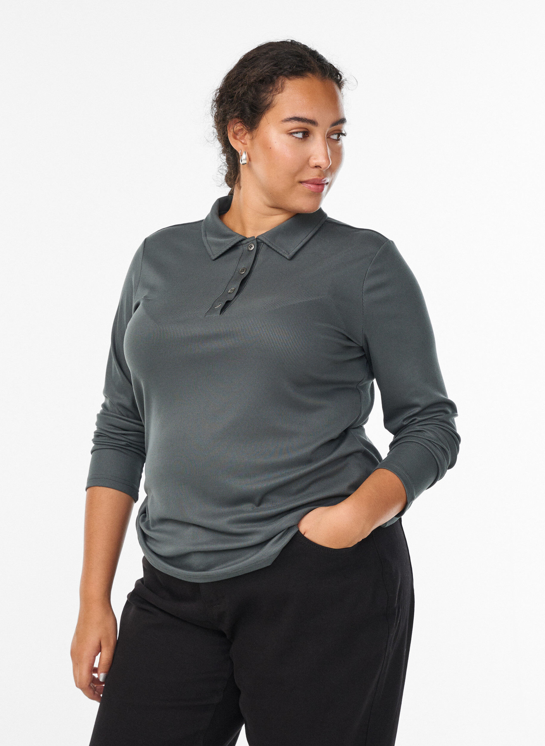 Zizzifashion Polo shirt in soft rib with long sleeves, Green, Model image number 0