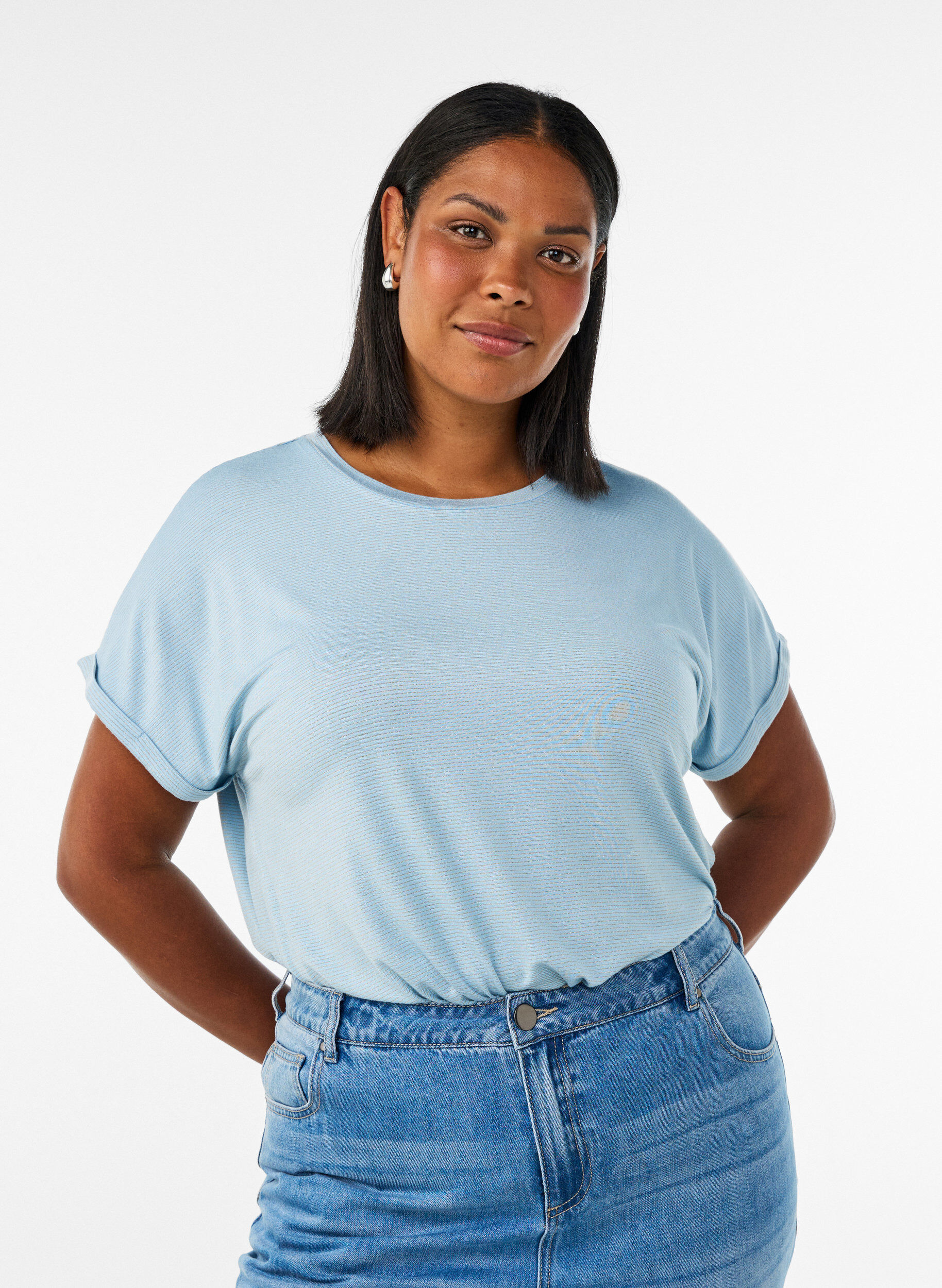 ZizzifashionViscose T-shirt with glitter stripes, Light Blue, Model image number 0